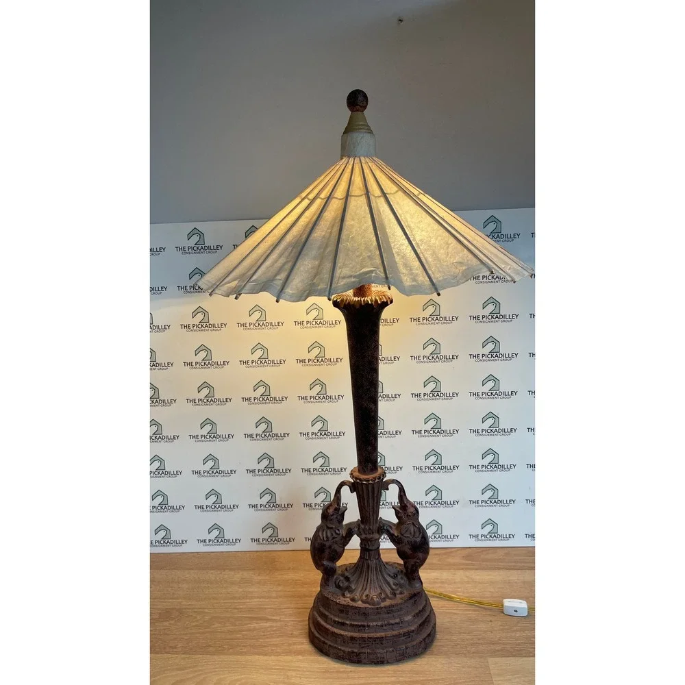 Elephant Tyndale Parasol Table Lamp Bronze Tone 3-Light Safari Eclectic 29